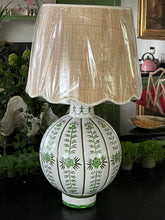 Load image into Gallery viewer, Recycled metal toleware green pumpkin lamp 18”