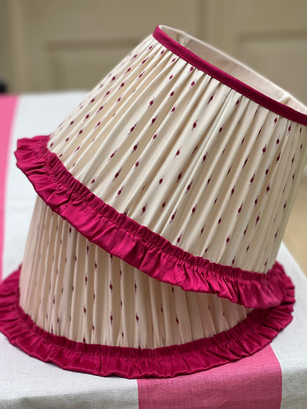 Claremont silk lampshade 12” with silk pink trim and ruffle and silk lining