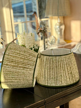 Load image into Gallery viewer, Soft green flowery vintage silk sari lampshade 14”