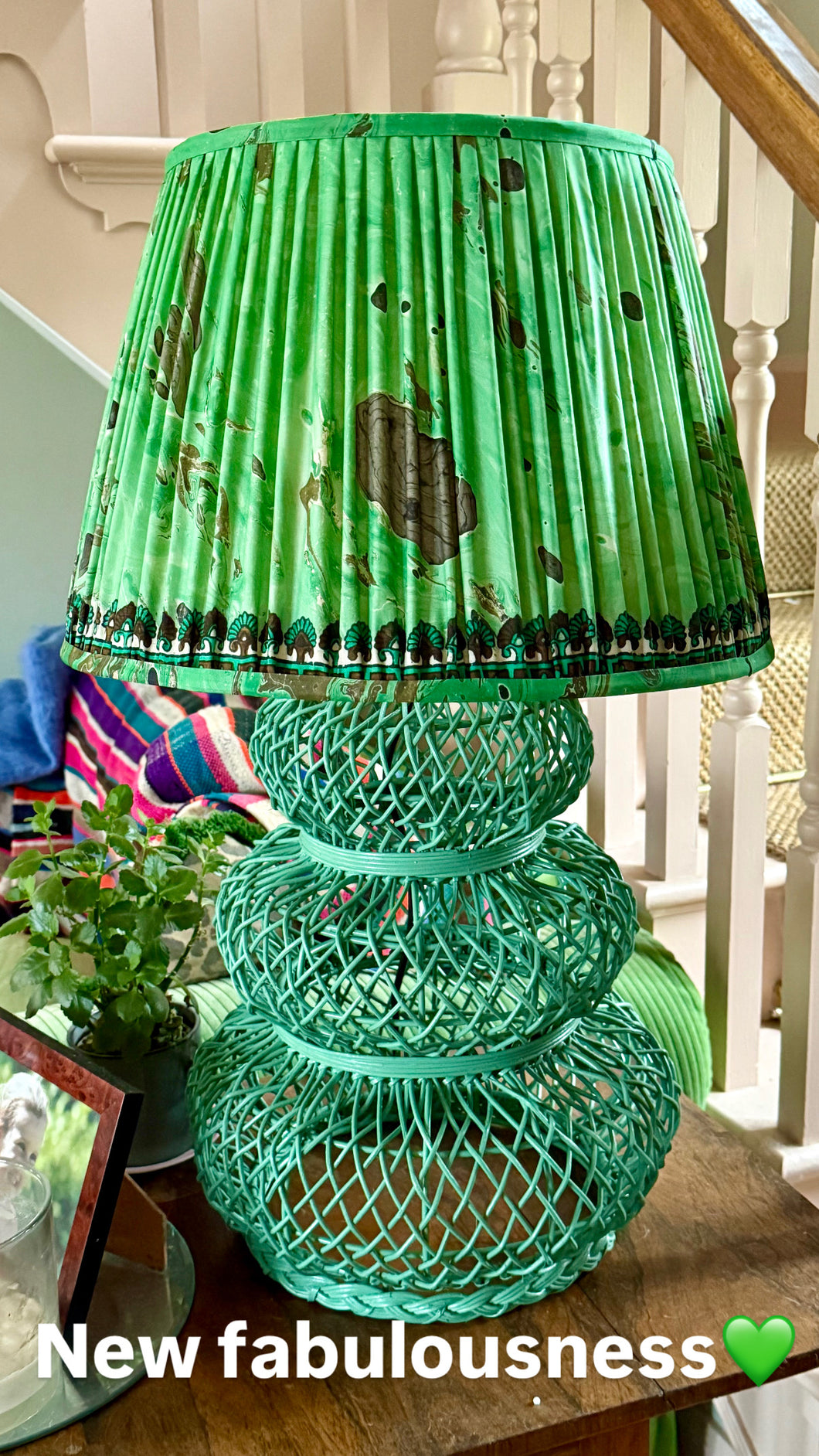 Green silk vintage sari lampshade 18”