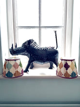 Load image into Gallery viewer, A pair of harlequin linen lampshades 6” - velvet trim