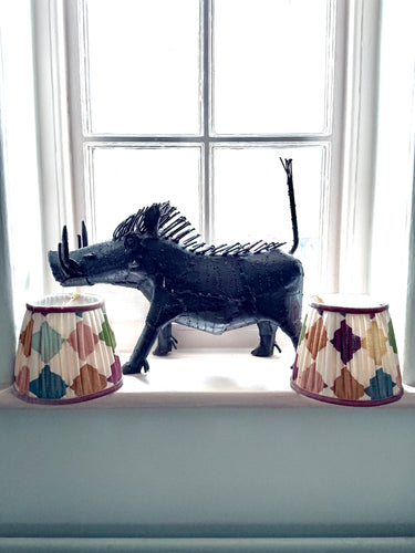 A pair of harlequin linen lampshades 6” - velvet trim