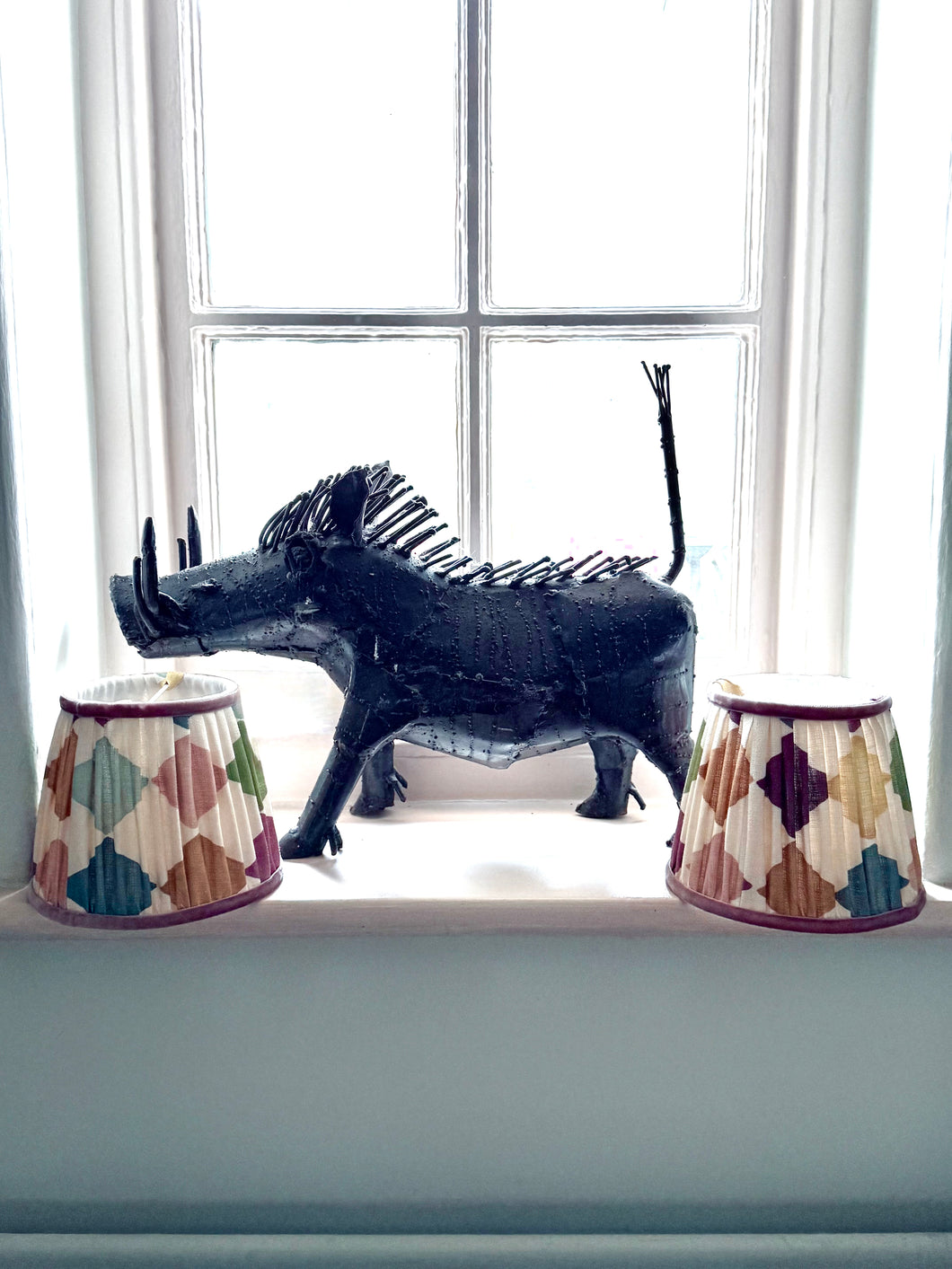 A pair of harlequin linen lampshades 6” - velvet trim