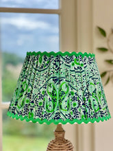 Load image into Gallery viewer, Vintage silk sari green lampshade with ricrac trim 12”