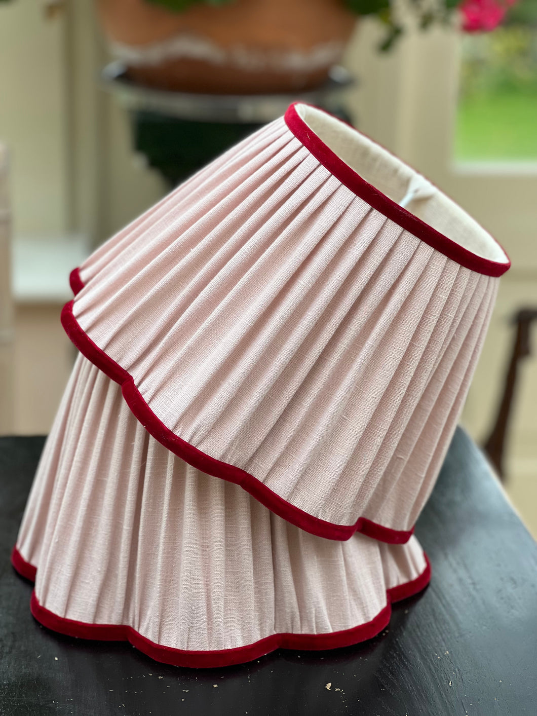 Softest pink linen daisy shade with red velvet trim 10”- a Fenella signature design