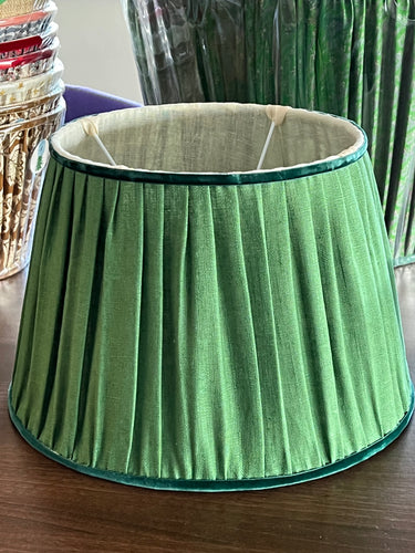 Green linen lampshade with velvet trim 14”