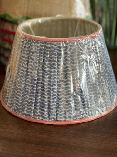Blue fermoie Popple lampshade with pink trim 12”