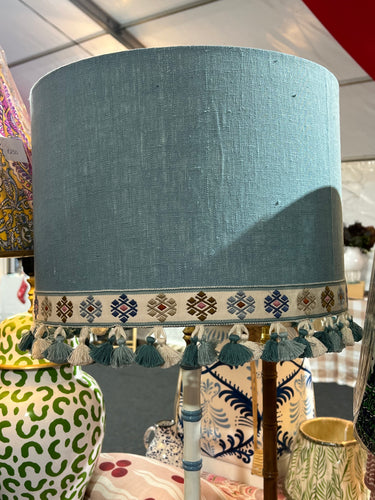 Blue linen drum shade with beautiful Colefax trim