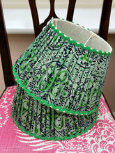 Load image into Gallery viewer, Vintage silk sari green lampshade with ricrac trim 12”