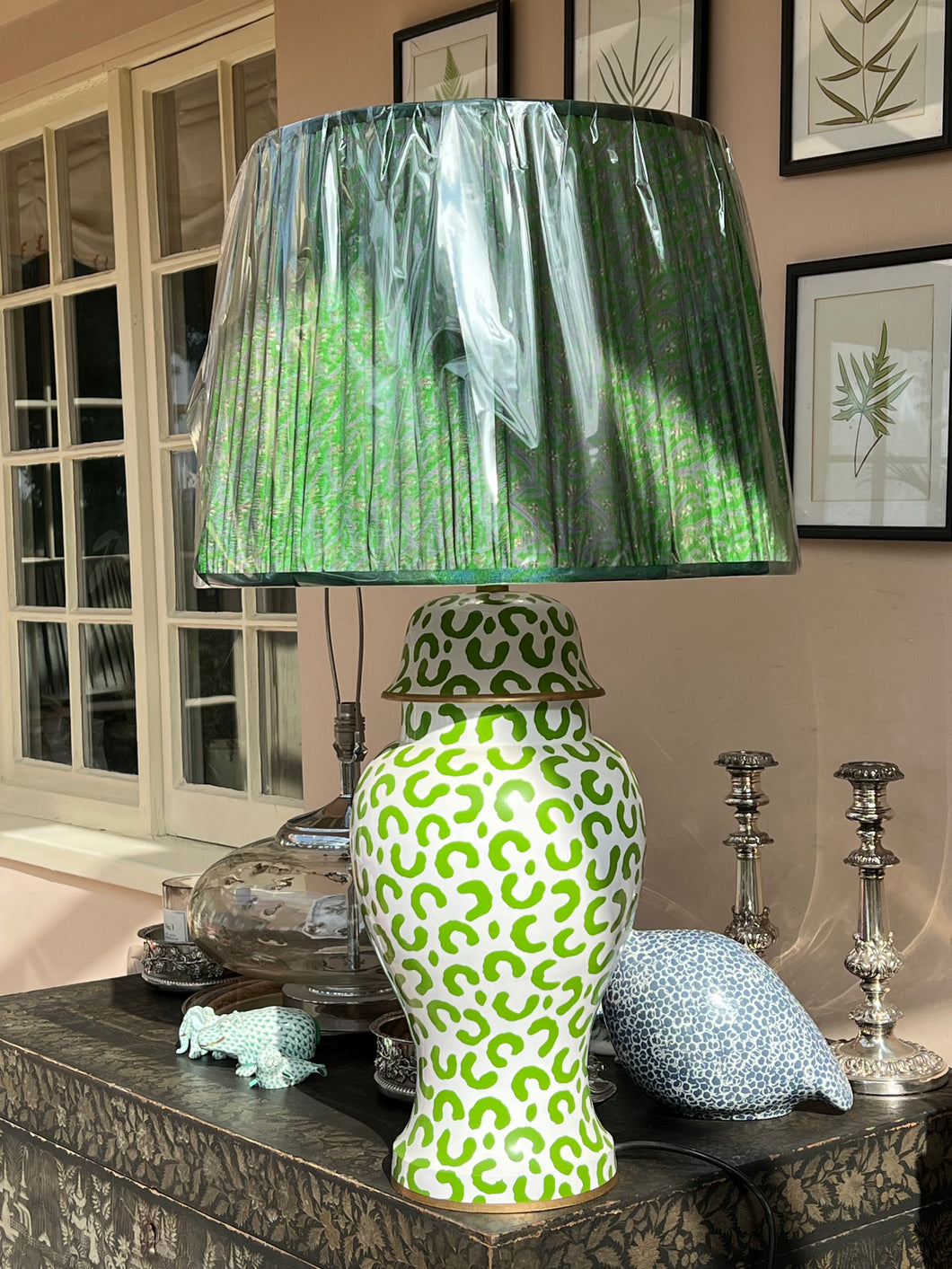 Green leopard ginger jar lamp 22” - recycled metal , handpainted