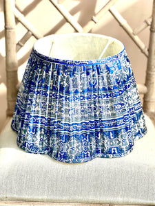 Vintage silk sari lampshade in royal and dusty blue tones daisy shape 14”
