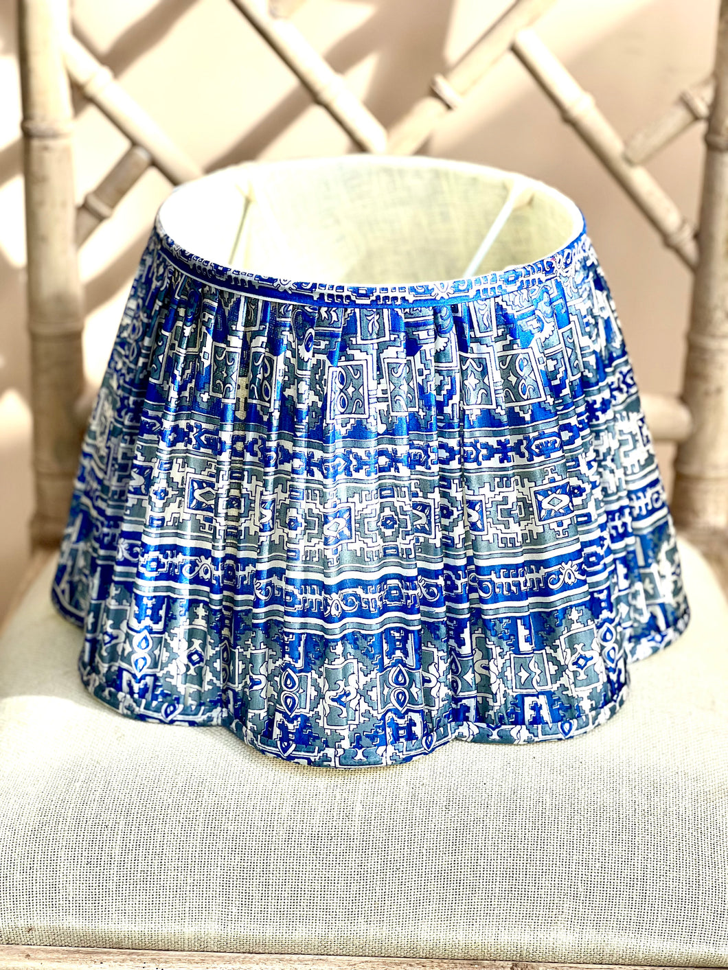 Vintage silk sari lampshade in royal and dusty blue tones daisy shape 14”