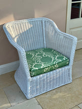 Load image into Gallery viewer, Gorgeous white wicker armchair with Soane pineapple lace piped box cushion