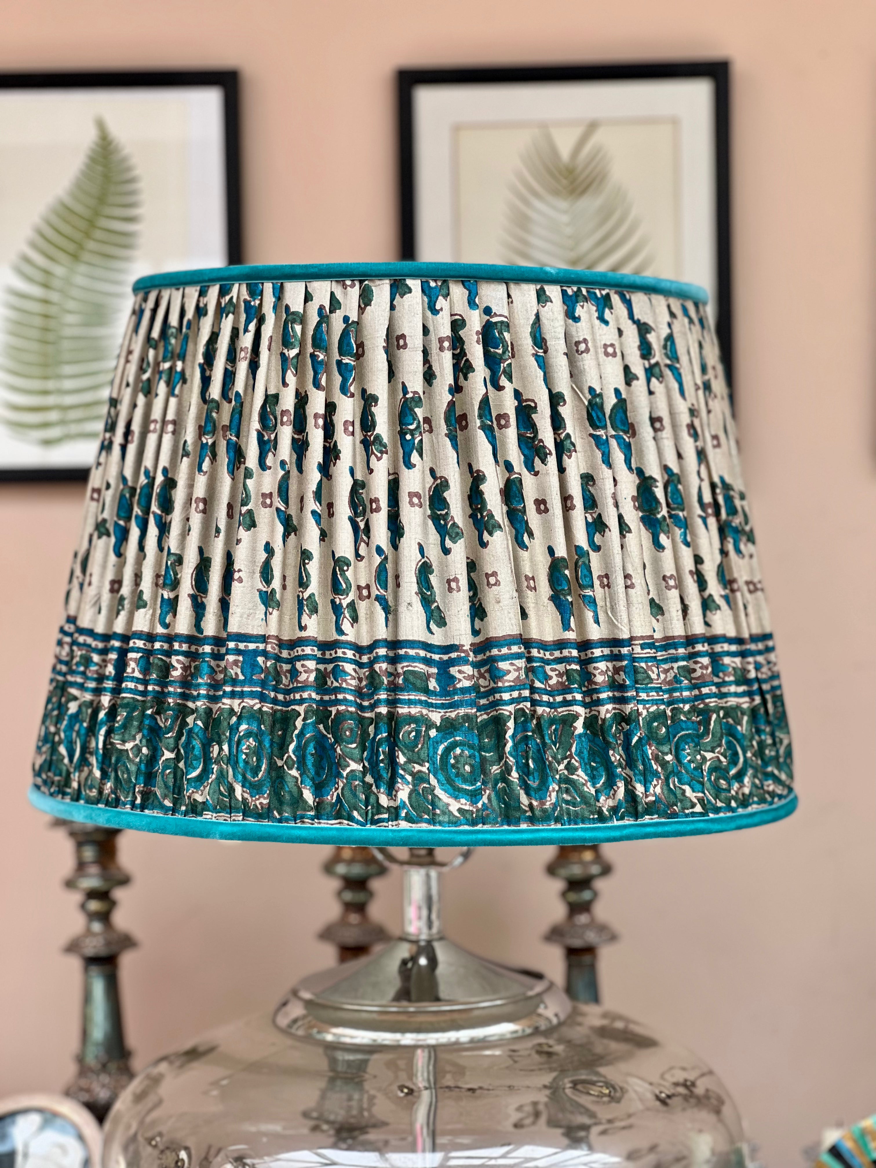 Vintage silk sari lampshade 16 teal and beige Fenella Interior