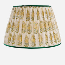 Load image into Gallery viewer, Yellow Sloane by hand linen lampshade 20” with green satin trim