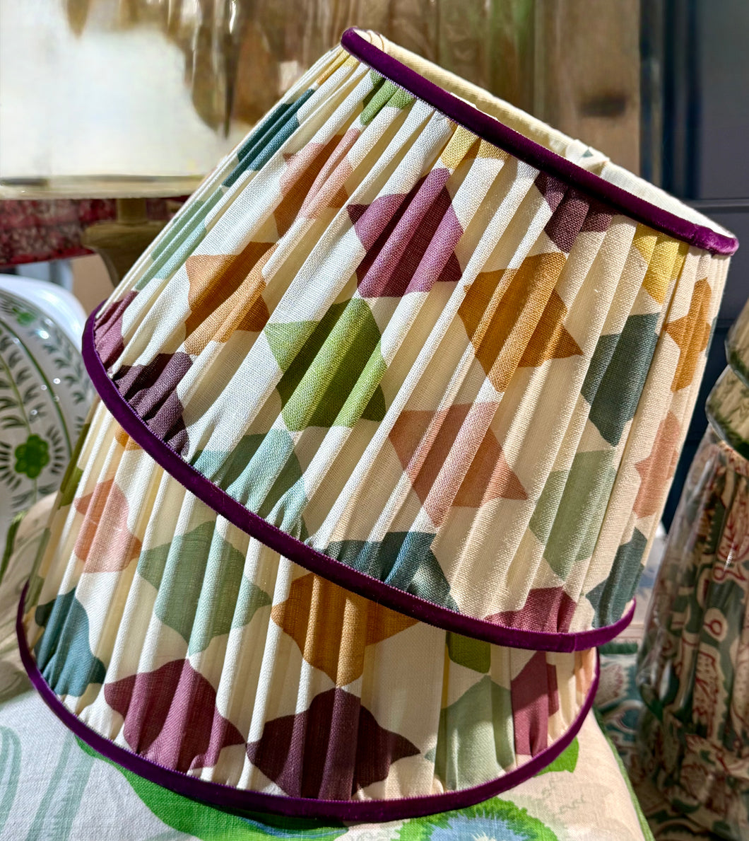 Harlequin linen lampshade 12” with plum velvet trim