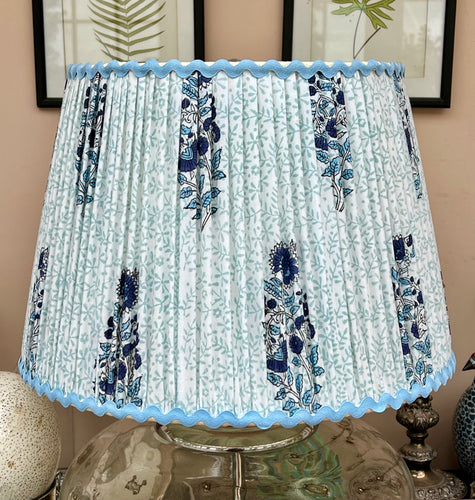 Pretty blue paisley lampshade with blue ricrac trim 16”