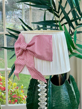 Load image into Gallery viewer, 18” cream linen lampshade with velvet trim and large stripe bow detail