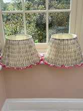 Load image into Gallery viewer, Vintage silk sari lampshade with frill trim 16”