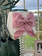 Load image into Gallery viewer, 18” cream linen lampshade with velvet trim and large stripe bow detail