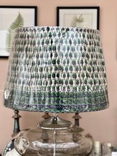 Load image into Gallery viewer, Blue , green and cream silk sari lampshade 18”